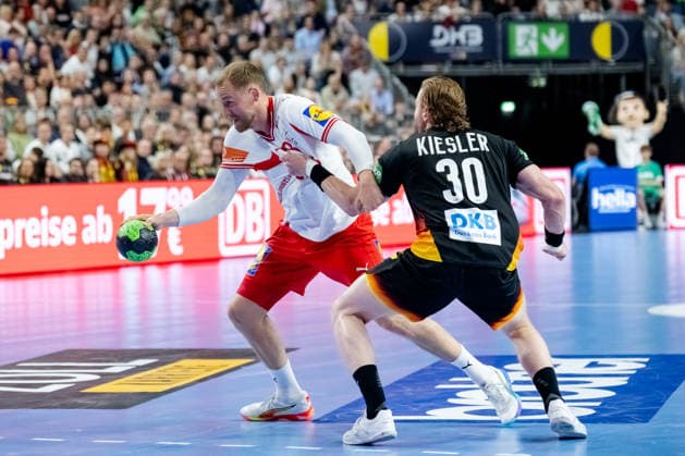 Dortmund 17 05 2026, Handball, Men, International match, Germany Denmark Simon Bogetoft Pytlick Denmark, 43 in duel with Tom Kiesler Germany, 30