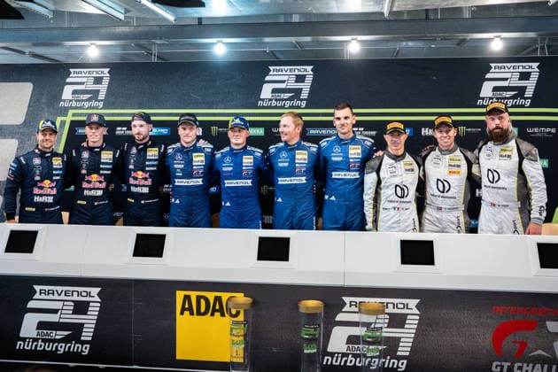 The winning drivers and teams of the ADAC RAVENOL 24h Nürburgring 2026 pose at the press conference in the Rhineland-Palatinate Germany press area