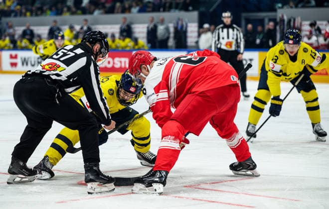 260517 Viggo Björck of Sweden and Oliver Kjaer of Denmark during the 2026 IIHF Ice Hockey World Championship match between Denmark and Sweden on May 17, 2026 in Fribourg Photo Jesper Zerman BILDBYRAN kod JZ JZ0716 ishockey ice hockey ishockey vm 2026 vm 2026 iihf world championship danmark denmark sverige sweden bbeng  Copyright: JESPERxZERMAN BB260517JZ025