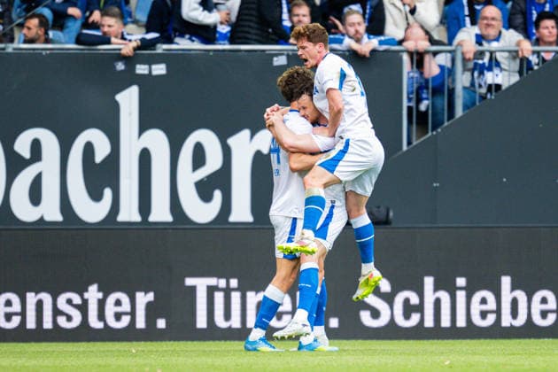 17 05 2026 Soccer, 2025 2026, 2 Bundesliga, Matchday 34, DSC Arminia Bielefeld Hertha BSC Berlin L R Linus Gechter Berlin celebrates after his goal to 0 1 with Pascal Klemens Berlin , Sebastian Grönning Berlin DFL REGULATIONS PROHIBIT ANY USE OF PHOTOGRAPHS AS IMAGE SEQUENCES AND OR QUASI VIDEO
