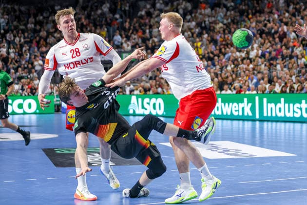 17 05 2026, xkwix, Handball, international match, Germany Denmark , Lanxess Arena in Cologne Nils Lichtlein Germany 03 throwing and tackling Niclas Vest Kirkelokke Denmark 3 and Lasse Andersson Denmark 28 Photo xKamilxWilkowskixPressefotoKochx Nordrhein Westfalen Germany