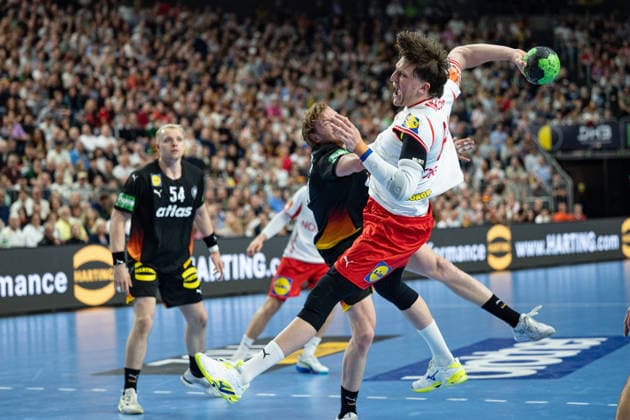 Mens Handball International Match, Germany Denmark May 17, 2026 Justus Fischer Germany Deutschland, 54 , Tom Kiesler Germany Deutschland, 30 , Lasse Moller Denmark, 64 , Mens Handball International Match, Germany Denmark May 17, 2026 Copyright: xBEAUTIFULxSPORTS Erlhofx