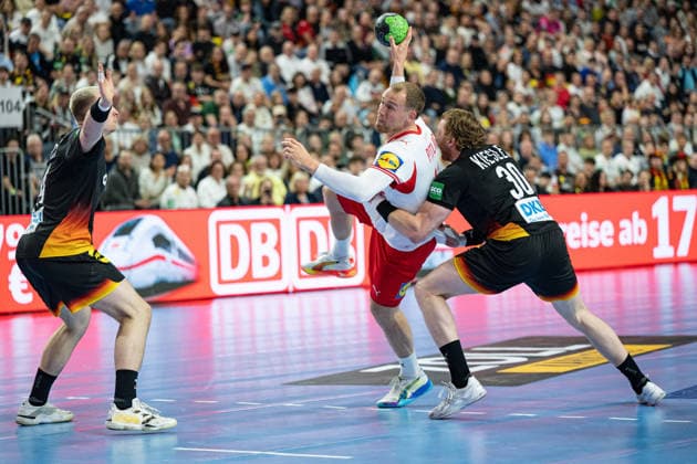 Mens Handball International Match, Germany Denmark May 17, 2026 Justus Fischer Germany Deutschland, 54 , Simon Pytlick Denmark, 43 , Tom Kiesler Germany Deutschland, 30 , Mens Handball International Match, Germany Denmark May 17, 2026 Copyright: xBEAUTIFULxSPORTS Erlhofx