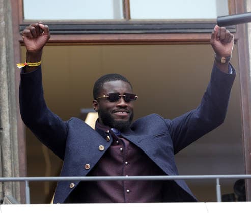 17 05 2026, Champion celebration at Munich City Hall, Marienplatz Muenchen, in the picture Dayot Upamecano FC Bayern Muenchen