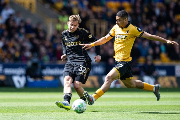 17th May 2026; Molineux Stadium, Wolverhampton, West Midlands, England; Premier League Football, Wolverhampton Wanderers versus Fulham; Andre of Wolverhampton Wanderers attempts to block the pass of Emile Smith Rowe of Fulham FC GodfreyxPitt