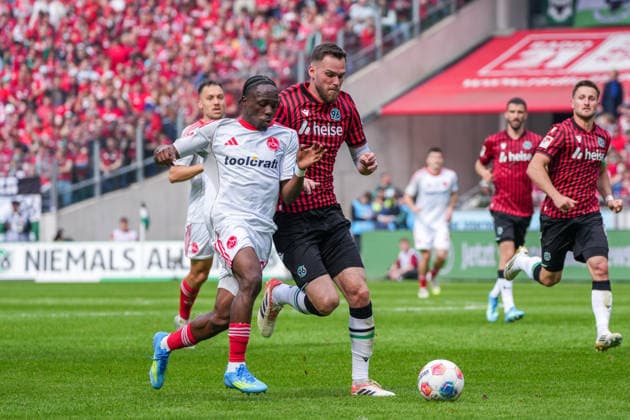 Germany Soccer 2 Bundesliga, Season 2025 26, Matchday 34, Hannover 96 vs 1 FC Nürnberg, 17 05 2026, Heinz von Heiden Arena Hannover, Lower Saxony Goal kick to 2 2 by Mohamed Ali Zoma 1 FC Nürnberg, 23 Copyright: xLeonxFrickx