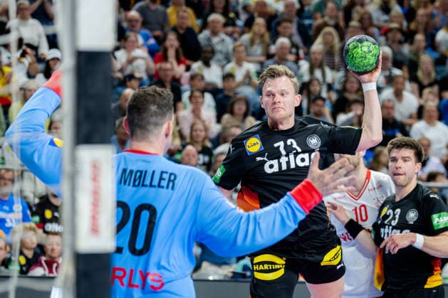 Dortmund 17 05 2026, Handball, Men, International match, Germany Denmark Timo Kastening Germany, 73 at goal throw against Kevin Moller Denmark, 20