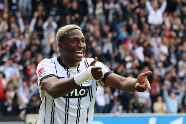 17 05 2026, Football, Men, 2 Bundesliga, Season 2025 2026, SV 07 Elversberg SC Preußen Münster, Goal celebration to 3 0, Goalscorer David Mokwa SV 07 Elversberg Elversberg Ursapharm Arena an der Kaiserlinde Saarland Germany DEU Copyright: xSebastianxBachx