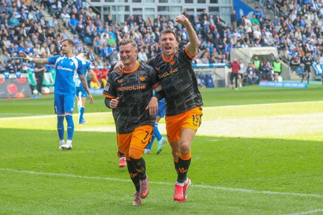 17 05 2026, xgox, Soccer 2 Bundesliga 1 FC Magdeburg 1 FC Kaiserslautern emspor, v l jubilation after the 0 1 by Marlon Ritter Kaiserslautern, 7 DFL DFB REGULATIONS PROHIBIT ANY USE OF PHOTOGRAPHS as IMAGE SEQUENCES and or QUASI VIDEO Magdeburg