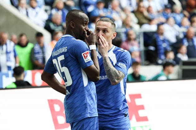 Baris Atik 1 FC Magdeburg,23 and Silas Gnaka 1 FC Magdeburg,25 2 Soccer Bundesliga Season 2025 2026 1 FC Magdeburg vs 1 FC Kaiserslautern at the Avnet Arena in Magdeburg Action,Soccer,Man,Men,Germany,17 05 2026