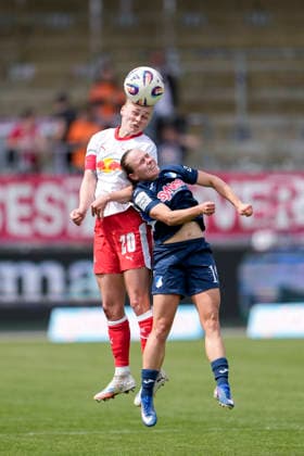 v li Victoria Krug RBL, 20 , Marie Steiner TSG, 19 , at header, header duel, game scene, duel in the air, action, action, 17 05 2026, Sinsheim Hoffenheim Germany , Football, Google Pixel Women Bundesliga, TSG 1899 Hoffenheim RB Leipzig, DFB DFL REGULATIONS PROHIBIT ANY USE OF PHOTOGRAPHS AS IMAGE SEQUENCES AND OR QUASI VIDEO xozx