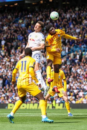 17th May 2026; Elland Road, Leeds, Yorkshire, England; Premier League Football, Leeds United versus Brighton and Hove Albion; Ethan Ampadu of Leeds United and Carlos Baleba of Brighton and Hove Albion challenge for the ball in the air AidanxHunter