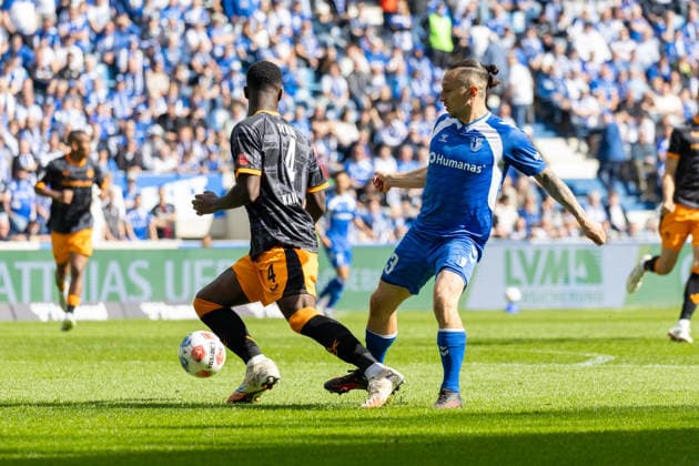 Germany 2 Bundesliga, Matchday 34, Season 2025 2026, 1 FC Magdeburg vs 1 FC Kaiserslautern Avnet Arena Magdeburg Atik Baris 1 FC Magdeburg, 23 , Gyamfi Maxwell 1 FC Kaiserslautern, 4 Copyright: xMichellexLukax