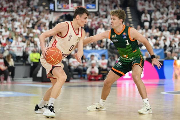 Basketball, easy Credit BBL, 20260517, FC Bayern Munich Vet Concept Gladiators Trier Pictured from l Neno DIMITRIJEVIC Bayern, 0 , Steven ASHWORTH Trier, 1 Munich SAP Garden Bayern Germany Copyright: Passion2Press.dex xMarkusxFischex