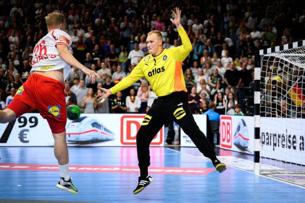 Cologne handball international Germany Denmark v Denmark Johan Hansen, goalkeeper David Späth David Spaeth Germany Cologne Lanxess Arena Germany