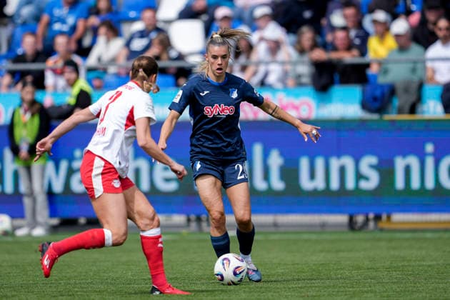 v li Andrea Norheim RBL, 3 , Selina Cerci TSG, 29 , duel, duel, tackle, tackling, dynamics, action, action, 17 05 2026, Sinsheim Hoffenheim Germany , Football, Google Pixel Women Bundesliga, TSG 1899 Hoffenheim RB Leipzig, DFB DFL REGULATIONS PROHIBIT ANY USE OF PHOTOGRAPHS AS IMAGE SEQUENCES AND OR QUASI VIDEO xozx