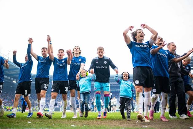 17 05 2026 Soccer, 2025 2026, 2 Bundesliga, Matchday 34, DSC Arminia Bielefeld Hertha BSC Berlin L 2R Sam Schreck Bielefeld , Robin Knoche Bielefeld , Marius Wörl Bielefeld , Roberts Uldrikis Bielefeld , Leo Oppermann Bielefeld , Mael Corboz Bielefeld , Monju Momuluh Bielefeld DFL REGULATIONS PROHIBIT ANY USE OF PHOTOGRAPHS AS IMAGE SEQUENCES AND OR QUASI VIDEO