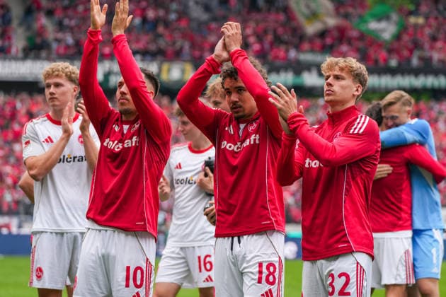 Germany Soccer 2 Bundesliga, Season 2025 26, Matchday 34, Hannover 96 vs 1 FC Nürnberg, 17 05 2026, Heinz von Heiden Arena Hannover, Lower Saxony Julian Justvan 1 FC Nürnberg, 10 Rafael Lubach 1 FC Nürnberg, 18 Tim Janisch 1 FC Nürnberg, 32 Copyright: xLeonxFrickx