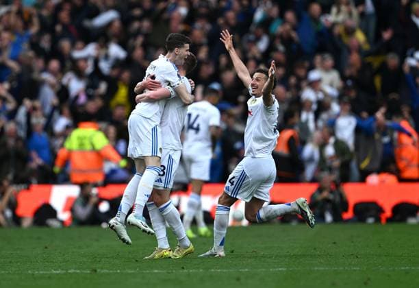 Leeds United players celebrate their goal scored by Dominic Calvert-Lewin Leeds v Brighton and Hove Albion, Premier League, Football, Elland Road, Leeds, UK - 17 May 2026Leeds Elland Road United Kingdom EDITORIAL USE ONLY No use with unauthorised audio, video, data, fixture lists, club league logos or live services. Online in-match use limited to 120 images, no video emulation. No use in betting, games or single club league player publications. Copyright: xAnnaxGowthorpe Shutterstockx 16877459ae