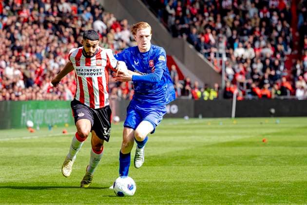 EINDHOVEN PSV Eindhoven player Ismael Saibari, FC Twente player Mats Rots during the Dutch Vriendenloterij Eredivisie match between PSV Eindhoven and FC Twente at Philips Stadion on May 17, 2026 in Eindhoven, the Netherlands Photo by DeFodi Images