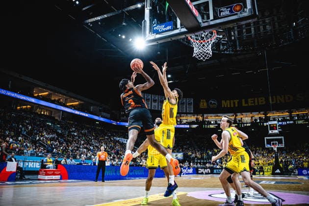 Basketball Berlin 17 05 2026 Season 2025 2026 EasyCredit BBL 1 Bundesliga Men, Men Playoffs Quarterfinals Game 1 Alba Berlin RASTA Vechta Malik Parsons Vechta, No 03 Jack Kayil Alba Berlin, No 07