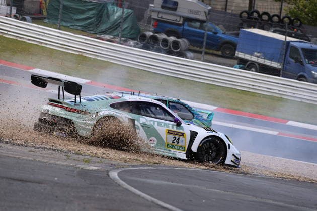 Collision 24 Ricardo Feller CHF Laurin Heinrich Feldkirchen GER Laurens Vanthoor , Porsche 911 GT3 R Evo2, Team Lionspeed GP GER and 277 Marc David Mueller Ensdorf GER Henrik Seibel Vilsbiburg GER Leo Geisler GER Michael Harris GBR , BMW 318Ti, Team Ravenol Motorsport by MDM Racing GER GER, Motorsport, 54 ADAC Ravenol 24H Rennen Nuerburgring 2025, Rennen, Nuerburg, 17 05 2026 GER, Motorsport, 54 ADAC Ravenol 24H Rennen Nuerburgring 2025, Rennen, Nuerburg, 17 05 2026 Nuerburg Copyright: xEibner-Pressefoto JuergenxAugstx EP_JAT