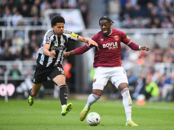 Axel Disasi of West Ham United fends off William Osula of Newcastle United Newcastle United v West Ham United, Premier League, Football, St James Park, Newcastle, UK - 17 May 2026Newcastle St James Park United Kingdom EDITORIAL USE ONLY No use with unauthorised audio, video, data, fixture lists, club league logos or live services. Online in-match use limited to 120 images, no video emulation. No use in betting, games or single club league player publications.  Copyright: xRichardxLee Shutterstockx 16877466aw