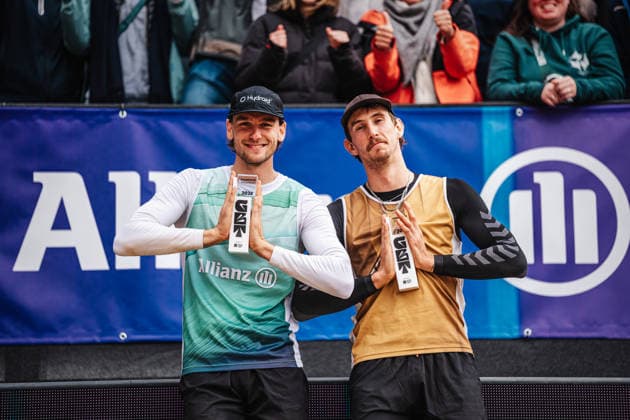 Beach volleyball men Allianz German Beach Tour 2026 Tourstop Düsseldorf 17 05 2026 f l Paul Henning and Lukas Pfretzschner win the tournament in Düsseldorf Düsseldorf Robert Lehr Ufer North Rhine-Westphalia Germany
