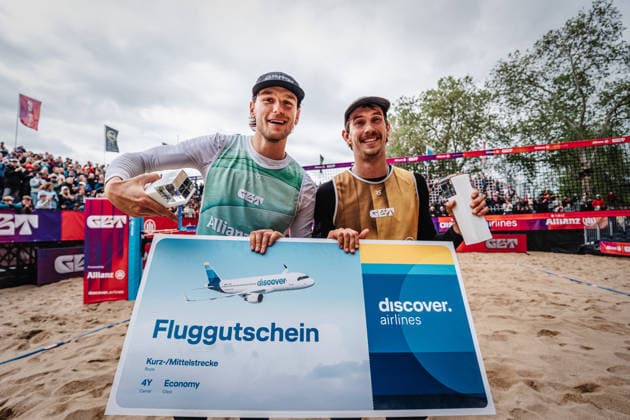 Beach volleyball men Allianz German Beach Tour 2026 Tourstop Düsseldorf 17 05 2026 f l Paul Henning and Lukas Pfretzschner win the tournament in Düsseldorf Düsseldorf Robert Lehr Ufer North Rhine-Westphalia Germany