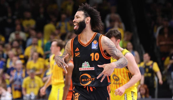 Tevin Brown celebrates after three-pointer Joy Emotion Cheers Sport Basketball BBL Bundesliga Mens Play Off Quarter Final Season 2025 2026 17 05 2026 ALBA Berlin vs SC Rasta Vechta