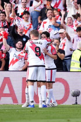 May 17, 2026, Madrid, Madrid, Spain: Sergio Camello of Rayo Vallecano celebrates a goal with teammates during the Spanish League, LaLiga EA Sports, football match played between Rayo Vallecano and Villarreal CF at Estadio de Vallecas on May 17, 2026, in Madrid, Spain. Madrid Spain - ZUMAa181 20260517_zaa_a181_224 Copyright: xDennisxAgyemanx
