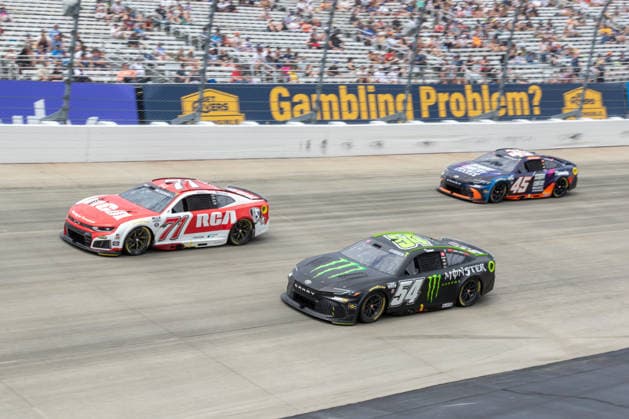 DOVER, DE - MAY 17: Michael McDowell ( 71 Spire Motorsports RCA Chevrolet), Ty Gibbs ( 54 Joe Gibbs Racing Monster Energy Toyota) and Tyler Reddick ( 45 23XI Racing ACM Awards Pinnacle Toyota) race through turn 1 during the NASCAR, Motorsport, USA Cup Series All-Star Race on May 17, 2026, at Dover Motor Speedway in Dover, DE. (Photo by David Hahn Icon Sportswire) AUTO: MAY 17 NASCAR Cup Series All-Star Race EDITORIAL USE ONLY Icon260517049
