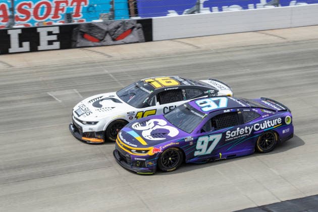 DOVER, DE - MAY 17: Shane Van Gisbergen ( 97 Trackhouse Racing SafetyCulture Chevrolet) races side by side with AJ Allmendinger ( 16 Kaulig Racing Celsius Chevrolet) for the lead during the second segment of the NASCAR, Motorsport, USA Cup Series All-Star Race on May 17, 2026, at Dover Motor Speedway in Dover, DE. (Photo by David Hahn Icon Sportswire) AUTO: MAY 17 NASCAR Cup Series All-Star Race EDITORIAL USE ONLY Icon260517051