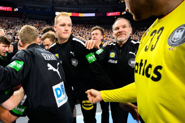 Koeln Handball Laenderspiel Germany Denmark Goalkeeper David Späth David Spaeth Germany , Goalkeeping coach Mattias Andersson Germany Koeln Lanxess Arena Germany