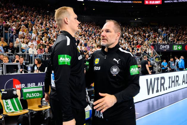 Koeln Handball Laenderspiel Germany Denmark Goalkeeper David Späth David Spaeth Germany , Goalkeeping coach Mattias Andersson Germany Koeln Lanxess Arena Germany