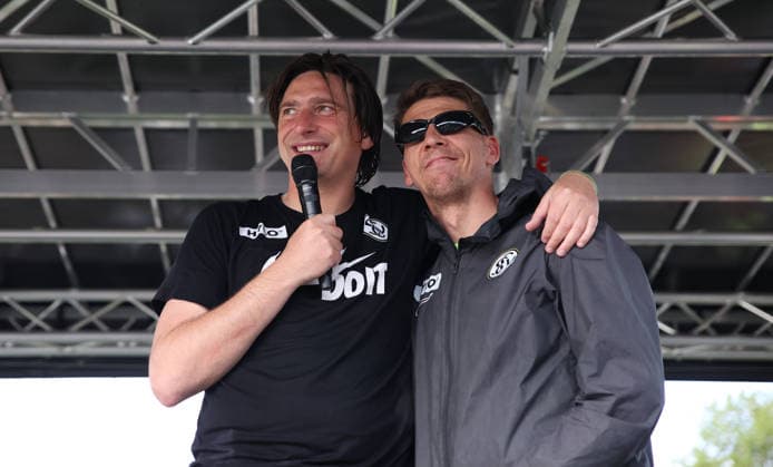17 05 2026, Football, Men, 2 Bundesliga, Season 2025 2026, SV 07 Elversberg SC Preußen Münster, Coach Vincent Wagner SV 07 Elversberg and Co-Coach Mike Frantz SV 07 Elversberg Elversberg Ursapharm Arena an der Kaiserlinde Saarland Germany DEU Copyright: xSebastianxBachx