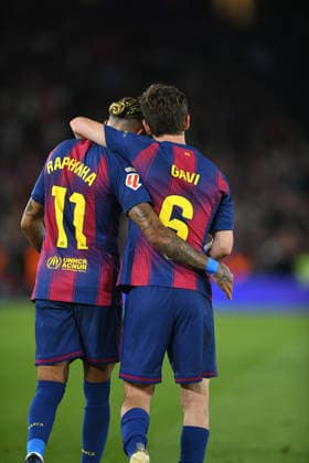 FC Barcelona, Barca v REAL BETIS SPOTIFY CAMP NOU. BARCELONA May 17,2026 FC BARCELONA vs REAL BETIS MAY 17, 2026 Raphina (11) of FC Barcelona celebrates scoring his team s first goal with Gavi (6) of FC Barcelona during the match between FC Barcelona and Real Betis corresponding to the thirty-seven day of La Liga EA Sports at at Spotify Camp Nou in Barcelona, Spain. Barcelona ESP Copyright: xS.xRosx