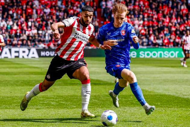 Ismael Saibari of PSV Eindhoven and Mats Rots of FC Twente battle for the ball PSV Eindhoven v FC Twente, Eredivisie, PSV v FC Twente 65, Philips Stadion, May 17, 2026, Eindhoven, Netherlands.