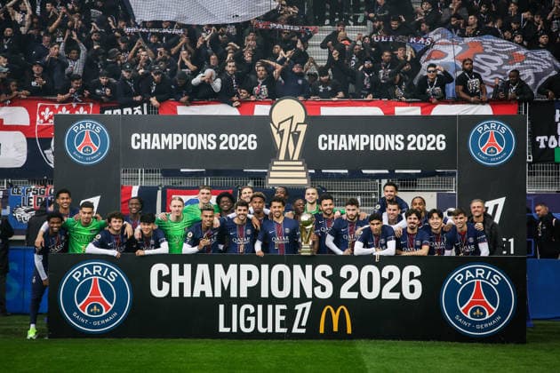 May 17, 2026, Paris, France, France: Paris Saint-Germain players celebrate the first place in the 2025-26 French Ligue 1 championship with the trophy during the Ligue 1 match between Paris FC andParis Saint-Germain (PSG) at Jean-Bouin Stadium on May 17, 2026 in Paris, France. Paris FC V Paris Saint-Germain - Ligue 1  - ZUMAm308 20260517_zsp_m308_001 Copyright: xMatthieuxMirvillex