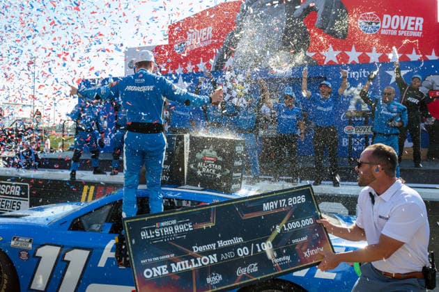 DOVER, DE - MAY 17: Denny Hamlin ( 11 Joe Gibbs Racing Progressive Insurance Toyota) celebrates in victory lane after winning the NASCAR, Motorsport, USA Cup Series All-Star Race on May 17, 2026, at Dover Motor Speedway in Dover, DE. (Photo by David Hahn Icon Sportswire) AUTO: MAY 17 NASCAR Cup Series All-Star Race EDITORIAL USE ONLY Icon260517055