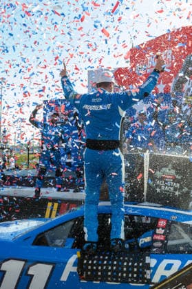 DOVER, DE - MAY 17: Denny Hamlin ( 11 Joe Gibbs Racing Progressive Insurance Toyota) celebrates in victory lane after winning the NASCAR, Motorsport, USA Cup Series All-Star Race on May 17, 2026, at Dover Motor Speedway in Dover, DE. (Photo by David Hahn Icon Sportswire) AUTO: MAY 17 NASCAR Cup Series All-Star Race EDITORIAL USE ONLY Icon260517056