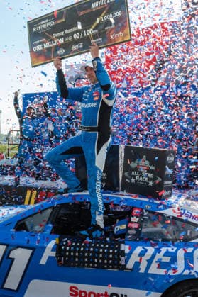 DOVER, DE - MAY 17: Denny Hamlin ( 11 Joe Gibbs Racing Progressive Insurance Toyota) celebrates in victory lane after winning the NASCAR, Motorsport, USA Cup Series All-Star Race on May 17, 2026, at Dover Motor Speedway in Dover, DE. (Photo by David Hahn Icon Sportswire) AUTO: MAY 17 NASCAR Cup Series All-Star Race EDITORIAL USE ONLY Icon260517057