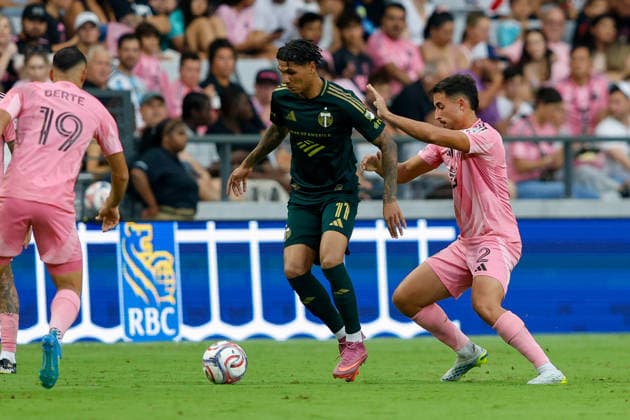 May 17, 2026, Miami, Florida, USA: Portland Timbers forward Antony (11) and Inter Miami defender Gonzalo LujoÂ¡n (2) battle for the ball during a MLS, Fussball Herren, USA soccer match between Inter Miami CF and Portland Timbers at NU Stadium in Miami Soccer 2026: Inter Miami 2:0 Portland Timbers  - ZUMAa257 20260517_zsp_a257_031 Copyright: xChrisxArjoonx