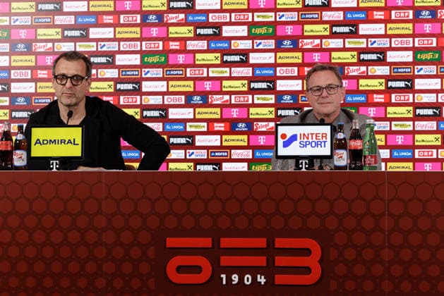 SOCCER - OEFB, PK, squad nomination VIENNA,AUSTRIA,18.MAY.26 - SOCCER - OEFB, Oesterreichischer Fussball-Bund, preview, press conference, PK, Pressekonferenz squad nomination. Image shows press officer Thomas Trukesitz and head coach Ralf Rangnick (AUT).  GEPAxpictures xArminxRauthner
