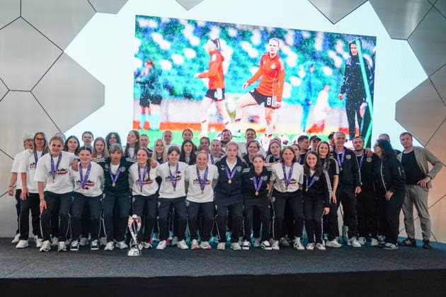 U17 junior national team celebrates the European Championship title on the stage of the DFB Campus Frankfurt 18 05 2026 Reception for the U17 European Champions at the DFB Campus