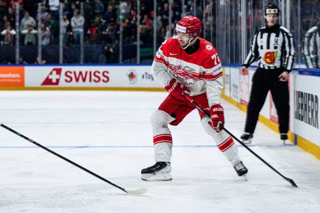 260518 Phillip Schultz of Denmark during the 2026 IIHF Ice Hockey World Championship match between Canada and Denmark on May 18, 2026 in Fribourg Photo Jesper Zerman BILDBYRAN kod JZ JZ0718 ishockey ice hockey ishockey vm 2026 vm 2026 iihf world championship kanada canada danmark denmark canada kanada bbeng danmark denmark  Copyright: JESPERxZERMAN BB260518JZ094