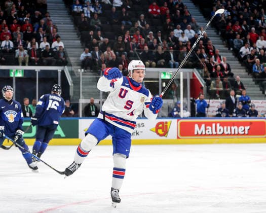 Ice hockey, Eishockey - IIHF WC 2026 ZURICH,SWITZERLAND,18.MAY.26 - ICE HOCKEY - IIHF Ice Hockey World Championship, WM, Weltmeisterschaft 2026, group stage, Finland vs USA. Image shows the rejoicing of Ryan Leonard (USA).  GEPAxpictures xMaticxKlansek