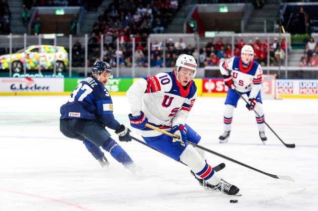 Ice hockey, Eishockey - IIHF WC 2026 ZURICH,SWITZERLAND,18.MAY.26 - ICE HOCKEY - IIHF Ice Hockey World Championship, WM, Weltmeisterschaft 2026, group stage, Finland vs USA. Image shows James Hagens (USA).  GEPAxpictures xMaticxKlansek