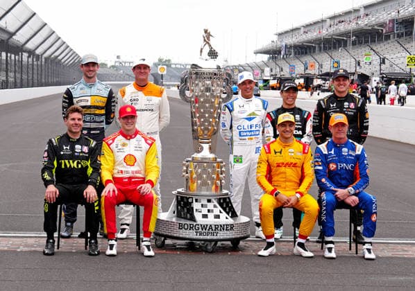 INDIANAPOLIS, IN - MAY 18: Past Indy 500 winning drivers that are starting in the 2026 Indianapolis 500 pose for a group photo at the yard of bricks with the Borg Warner Trophy before practice for the 110th Running of the Indianapolis 500 on May 18th, 2026, at the Indianapolis Motor Speedway in Indianapolis, Indiana. (Photo by Brian Spurlock Icon Sportswire) AUTO: MAY 18 NTT IndyCar, Indy Car, IRL, USA Series Indianapolis 500 Practice EDITORIAL USE ONLY Icon2605185004
