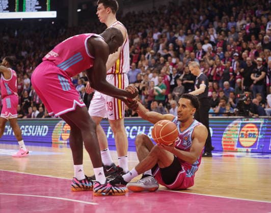 on floor Kur Jongkuch, Joel Aminu Telekom Baskets Bonn vs Fitness First Würzburg Baskets Playoffs Quarterfinals Game 2 Season 2025 26